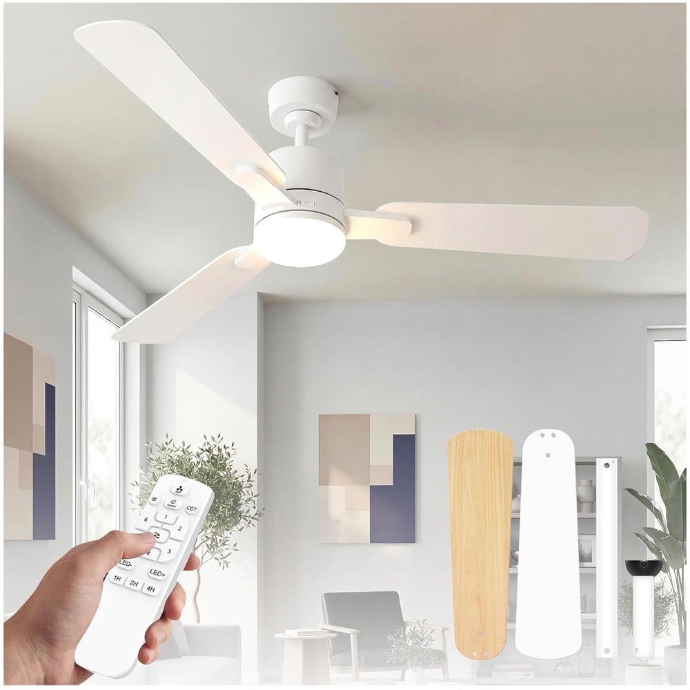 Homzuri 52 Inch Ceiling Fan with Light Remote 6 Speed Reversible White Oak